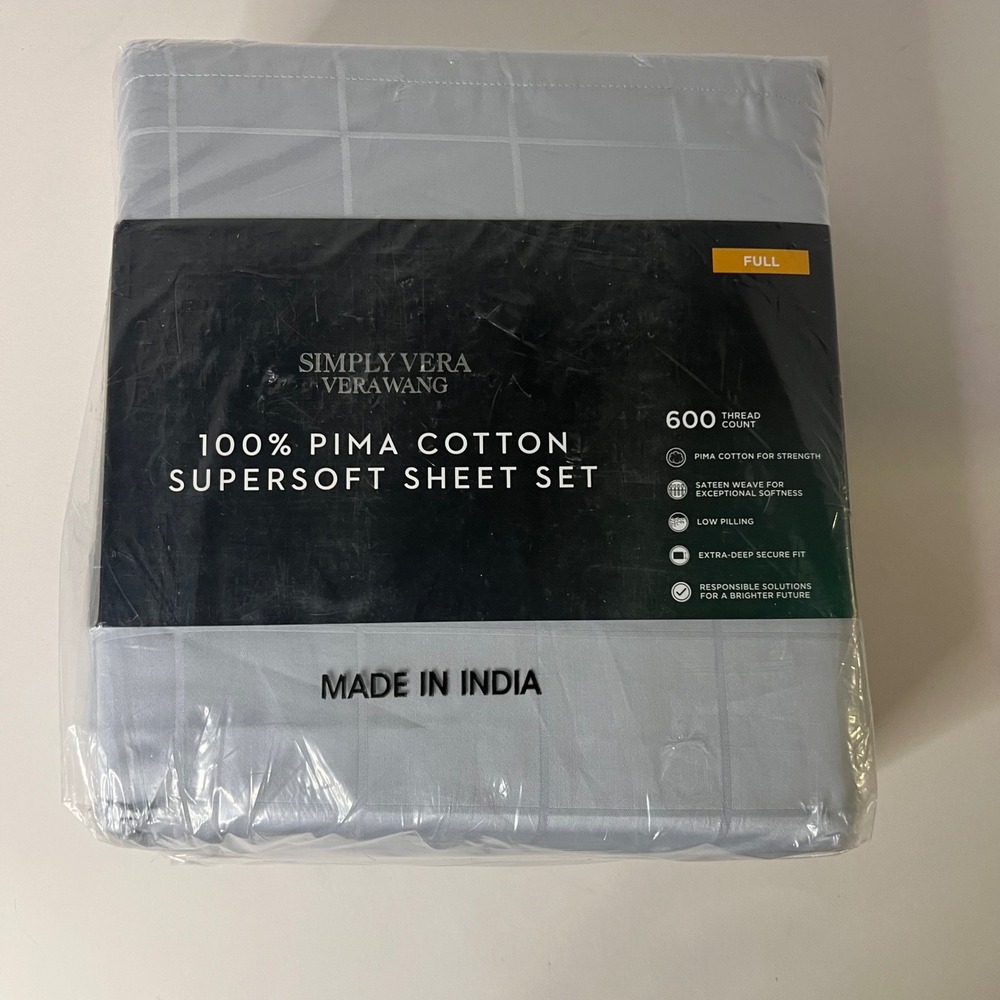 Simply Vera Vera Wang 600TC Pima Cotton Full Sheet Set Skywriting Plaid Gray NIP